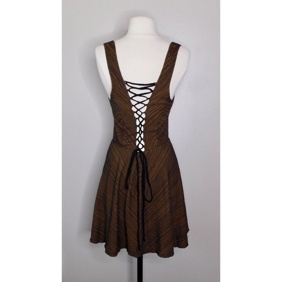 FREE PEOPLE Brown Lace Up Back Chevron Stripes Skater Dress Knit Boho ~ Small - Picture 7 of 12